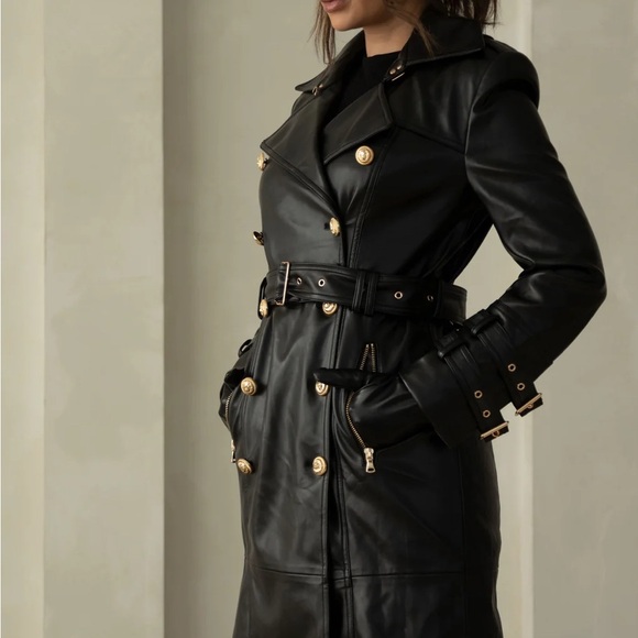Elegant Black Leather Trench Coat - Picture 1 of 4